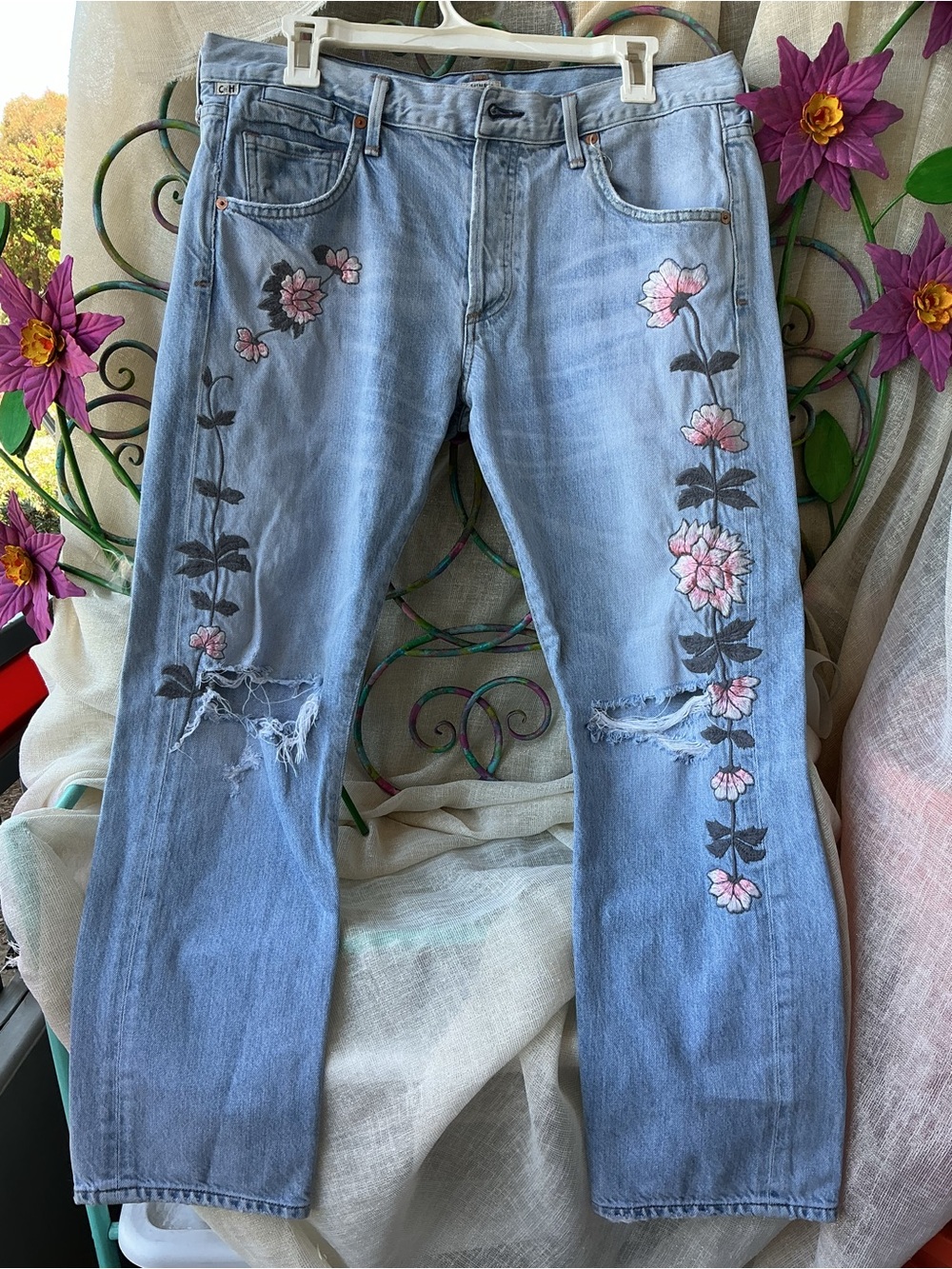 Citizens Of Humanity Light Blue Straight Leg Jeans with Pink Floral Embroidery